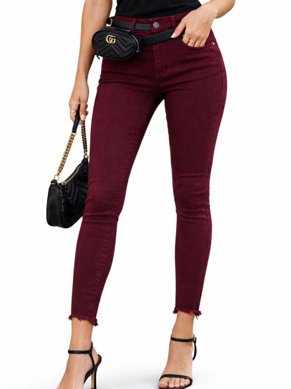 NWOT KFK Donna High Rise Ankle Skinny Deep Burgundy Raw Hem 4